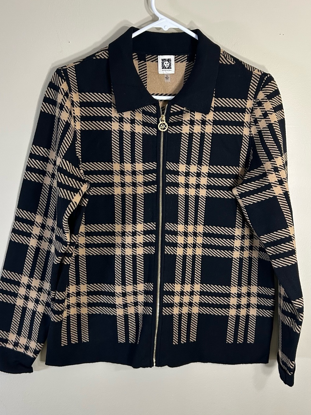 Anne Klein Black Beige Plaid Tight-Knit Full Zip Collared Sweater S